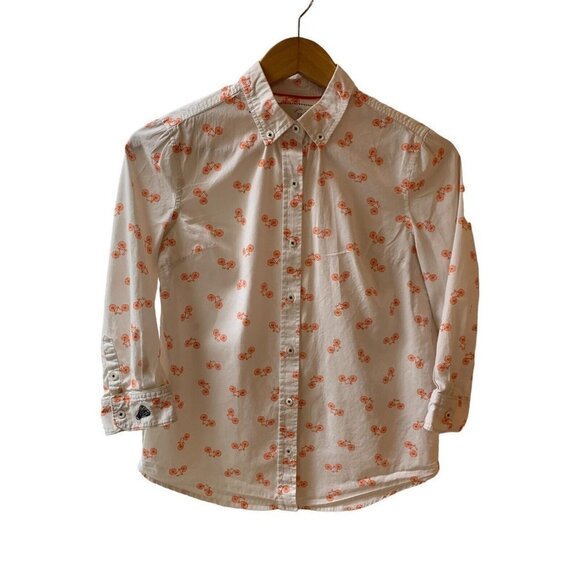 Anthropologie Postmark Button Up White Orange 3/4 Sleeve Bicycle Shirt 00 - Picture 1 of 10